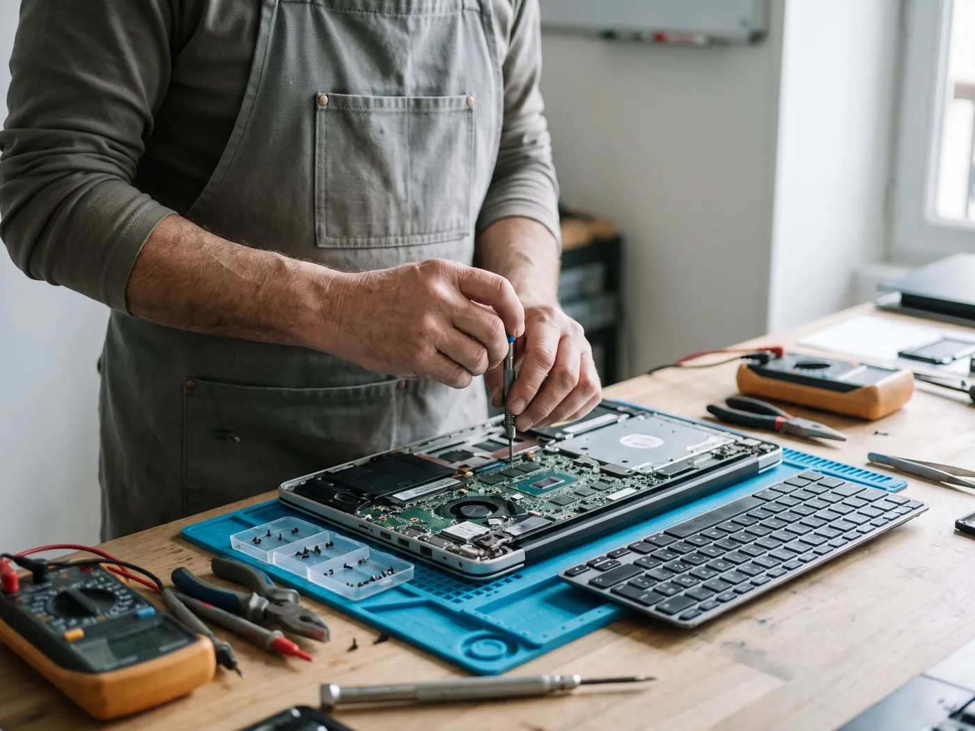 Un technicien intervient sur la carte mère d'un ordinateur portable ouvert