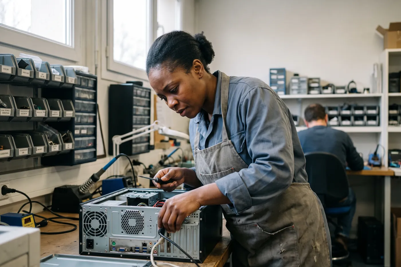 Une technicienne teste une unité centrale sur un établi d'atelier