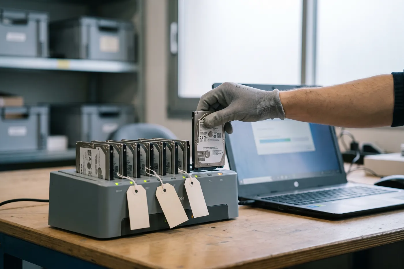 Disques durs installés sur une station d'effacement des données