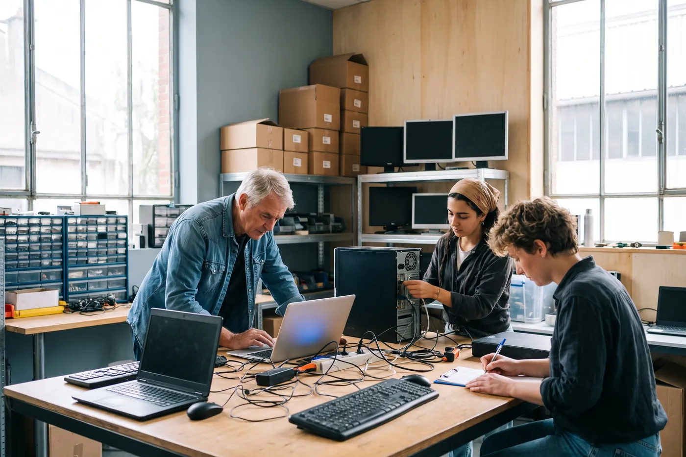 Trois bénévoles testent et préparent des ordinateurs autour d'un établi