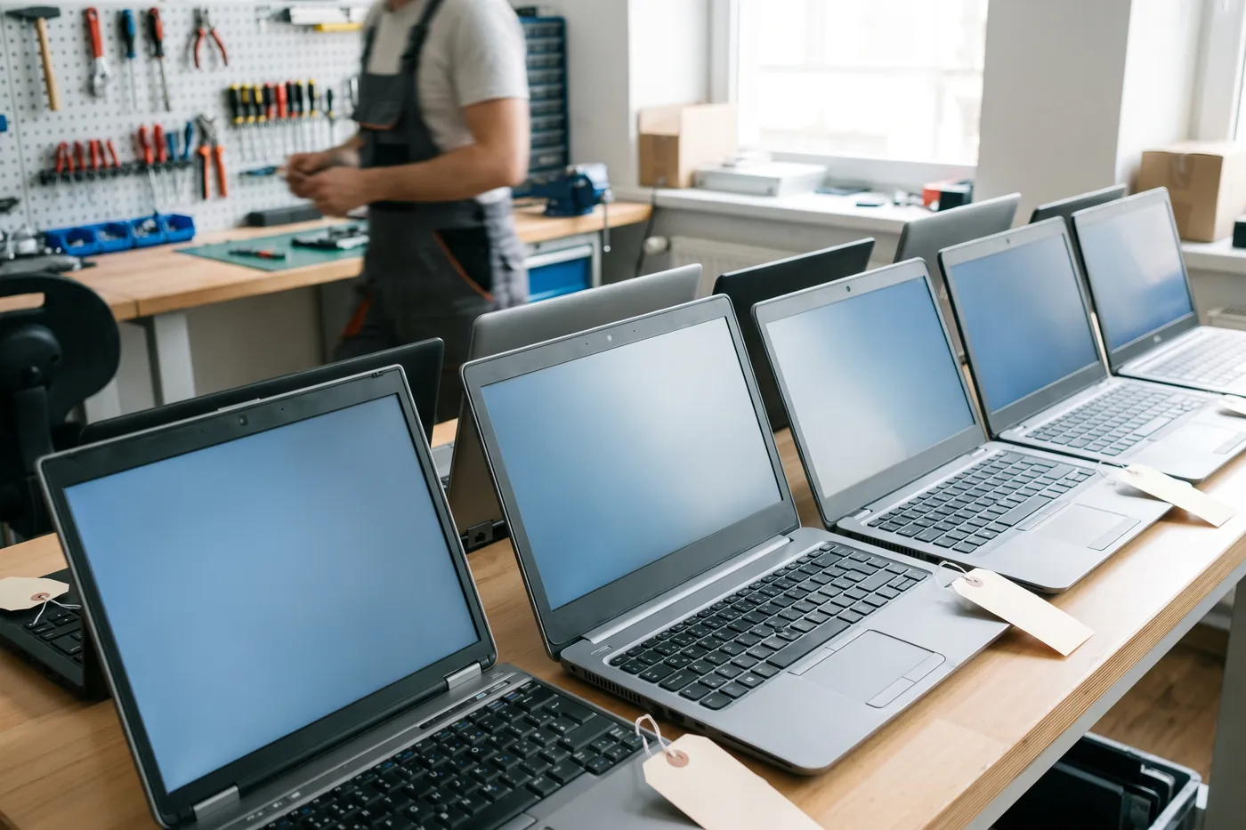 Ordinateurs portables remis en état, alignés et étiquetés, prêts à repartir